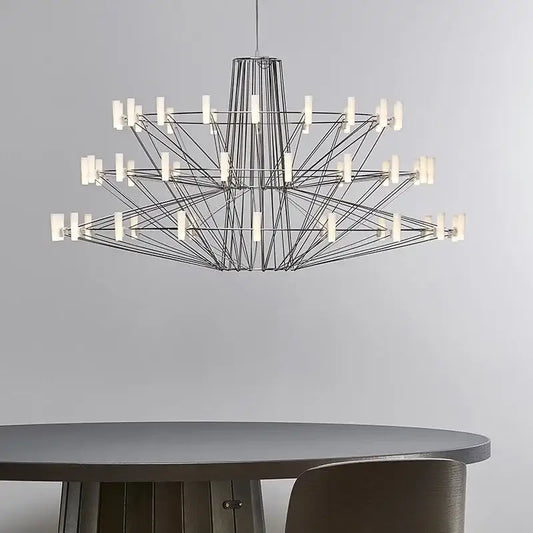 Modern geometric decorbites luxe iron wire round chandelier with black metal frame and white rectangular lights for living room