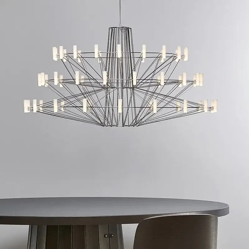 Modern geometric decorbites luxe iron wire round chandelier with black metal frame and white rectangular lights for living room
