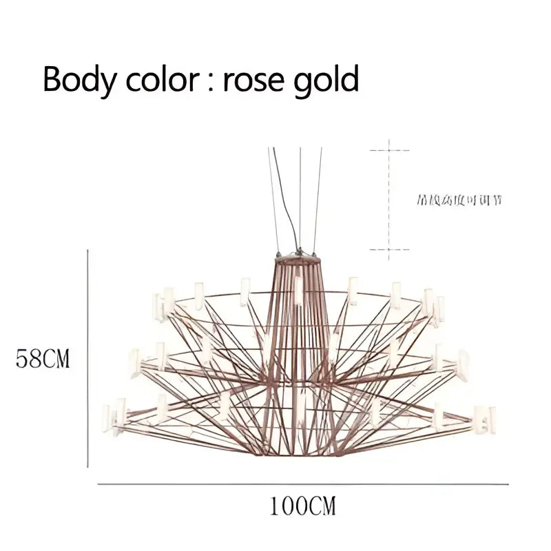 Rose gold decorbites luxe iron wire round chandelier with geometric multi-tiered design and adjustable arms for living room