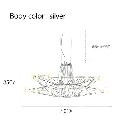 Silver geometric decorbites luxe iron wire round LED chandelier with adjustable hanging length for living and dining room