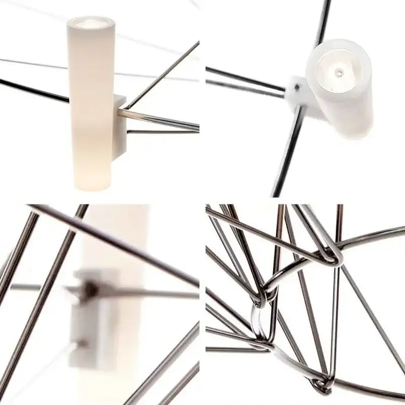Modern minimalist chandelier with frosted white cylindrical lights on sleek chrome decorbites luxe iron wire frame
