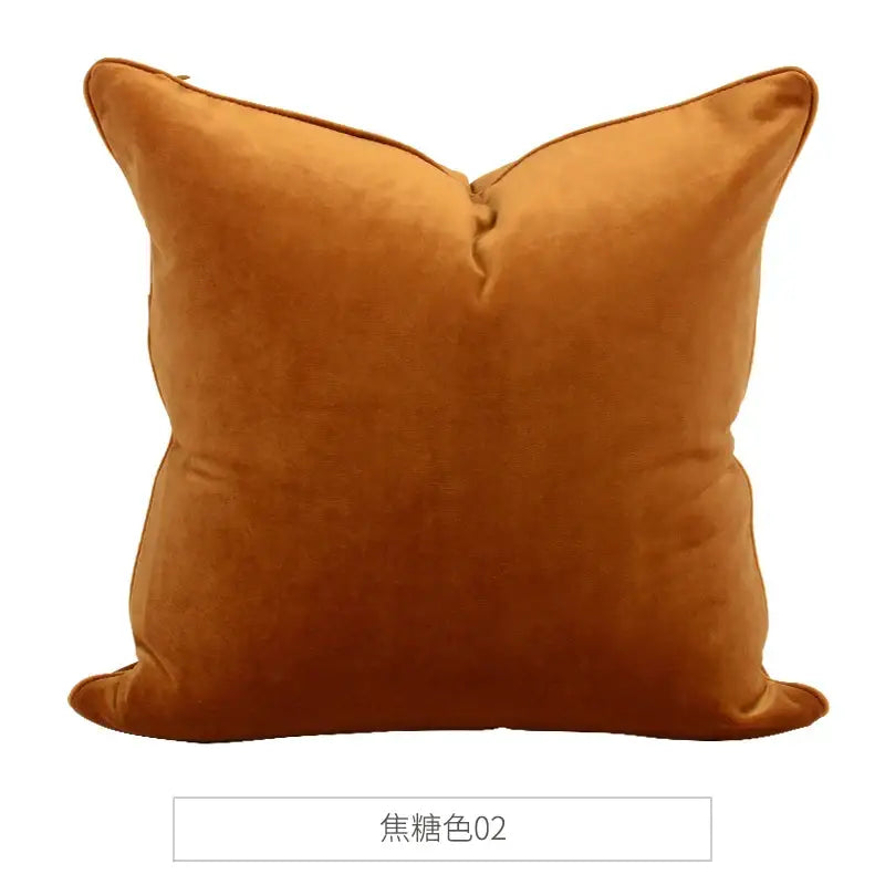 A plush caramel square cushion with soft velvet texture featuring decorbites luxe italy velvet pillowslip for sofa