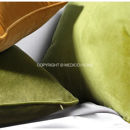 Olive green velvet decorbites luxe italy pillowslip with soft plush texture and golden brown accents for living room sofa