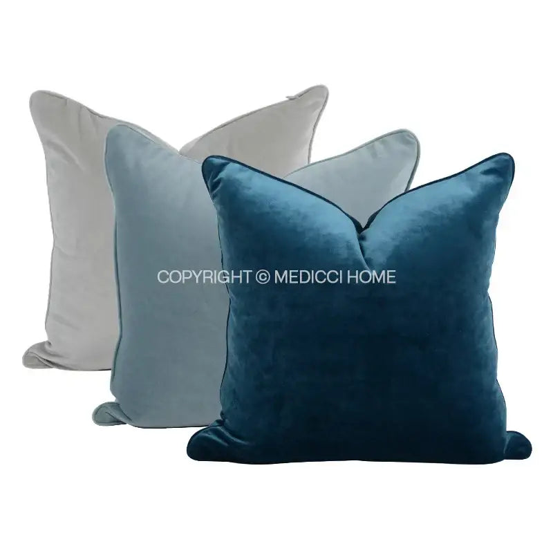 Set of three decorbites luxe italy velvet pillowslip in soft gray light blue and deep navy for living room sofa