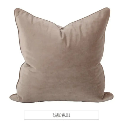A plush taupe square cushion with neatly stitched edges in decorbites luxe italy velvet pillowslip for sofa use