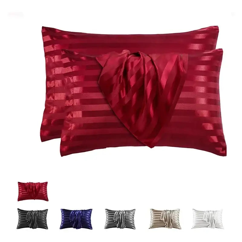 Red satin jacquard stripes pillow cover set with diagonal pattern and matching bow for queen and king size pillows