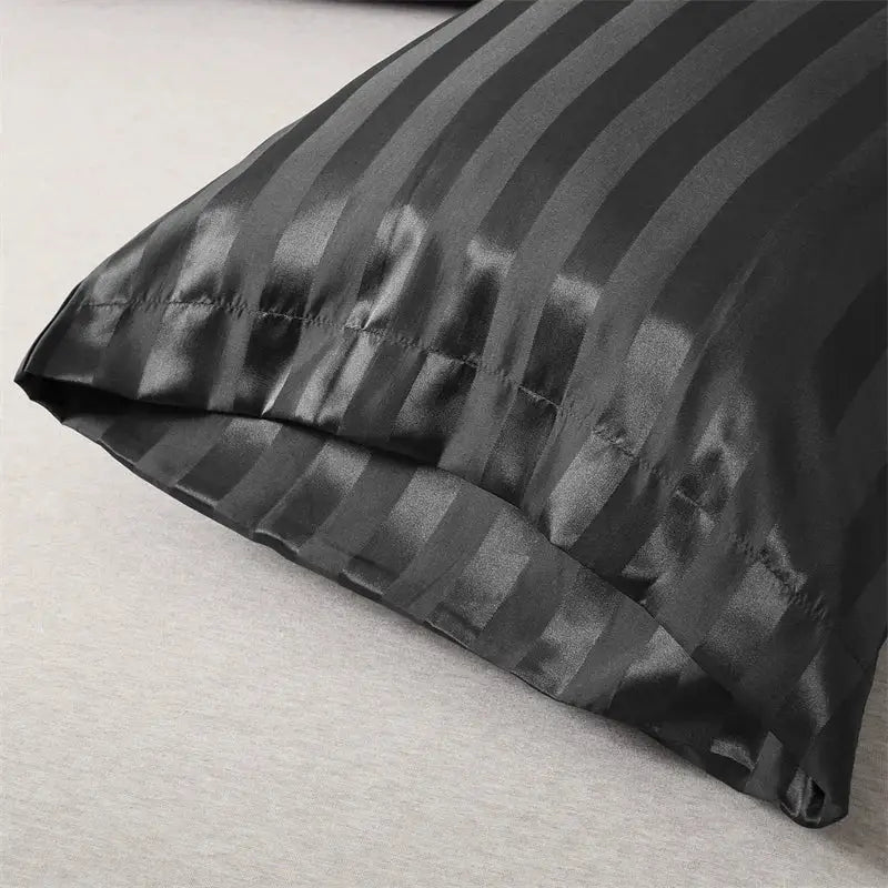DecorBites™ luxe jacquard stripes pillow cover set black satin with subtle vertical stripes for queen and king size pillows