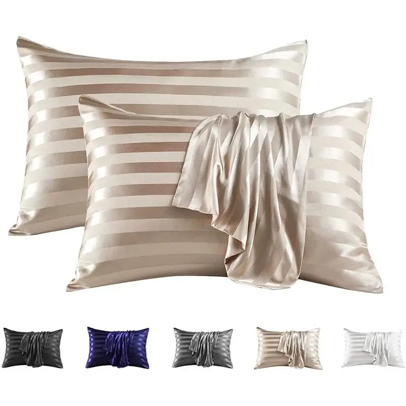 Beige satin pillow cover set with diagonal jacquard stripes and draped fabric accent for queen and king size pillows