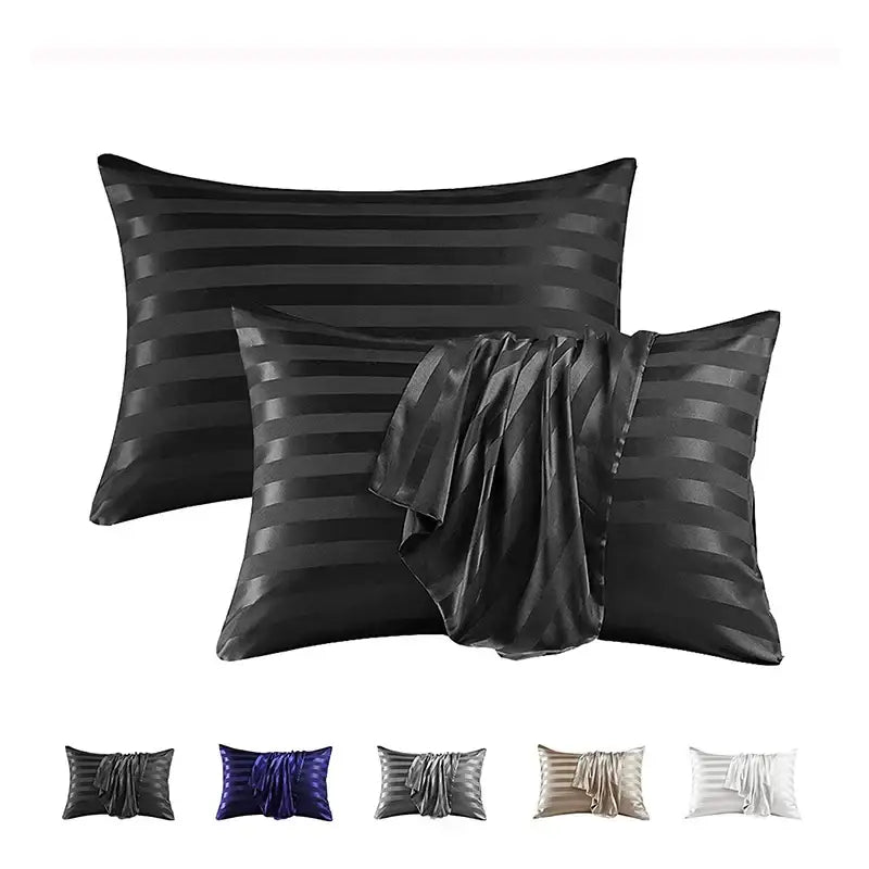 Black satin pillow cover set with subtle horizontal jacquard stripes and a soft glossy finish by DecorBites™