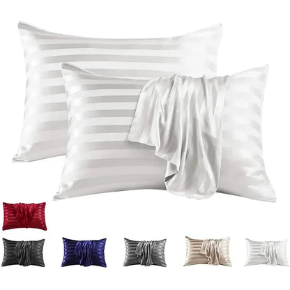 Set of DecorBites™ luxe jacquard stripes satin pillow cover set in soft glossy white with subtle horizontal stripes for queen and king size pillows