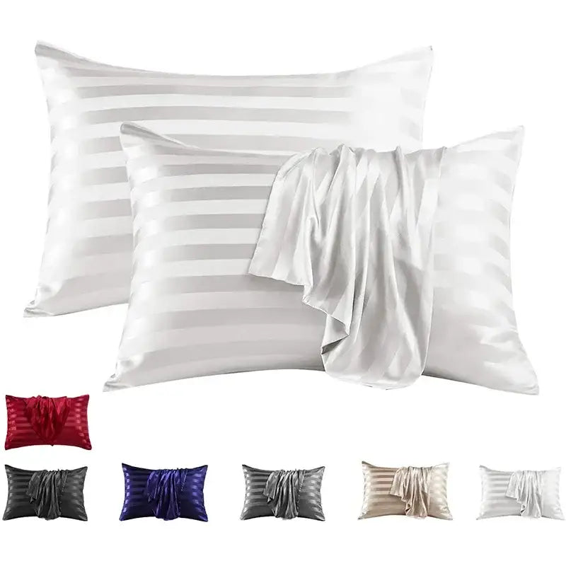 Set of DecorBites™ luxe jacquard stripes satin pillow cover set in soft glossy white with subtle horizontal stripes for queen and king size pillows