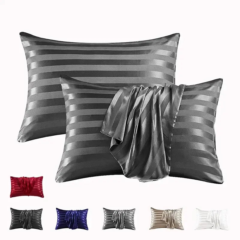 Set of three charcoal gray satin pillow cover set with bold jacquard stripes and elegant ruched detailing by DecorBites™
