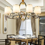 DecorBites luxe jade chandelier with black and gold frame, six frosted glass shades, and crystal accents for living room