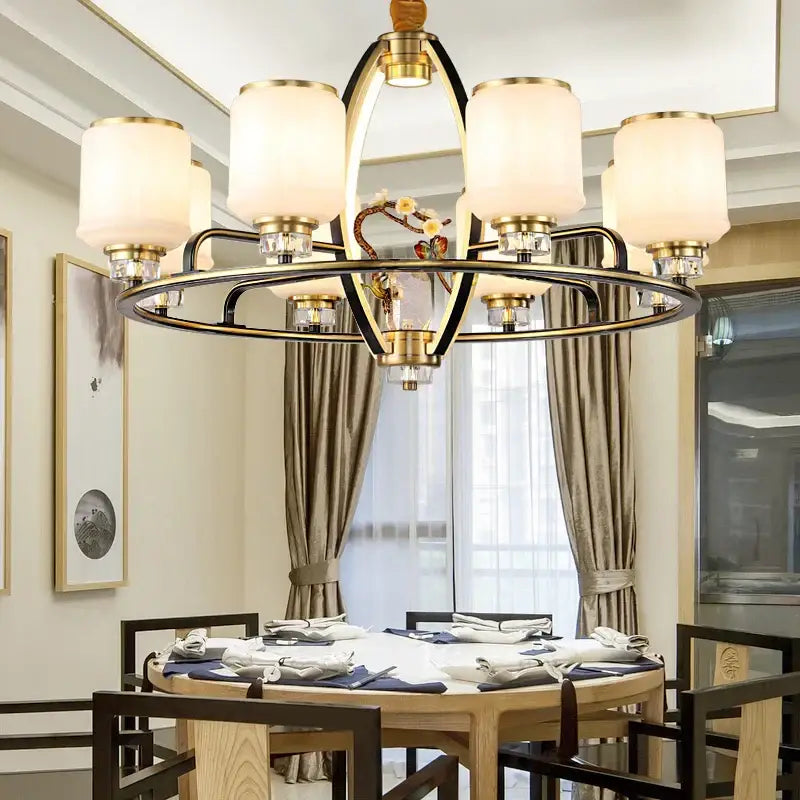 DecorBites luxe jade chandelier with black and gold frame, six frosted glass shades, and crystal accents for living room