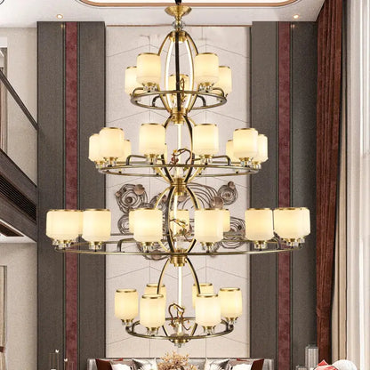 Brass-toned multi-tier decorbites luxe jade chandelier with frosted glass shades for living room and villa hall lighting