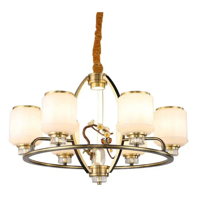 Brass-finished decorbites luxe jade chandelier with five frosted glass shades and central floral ornament for living room