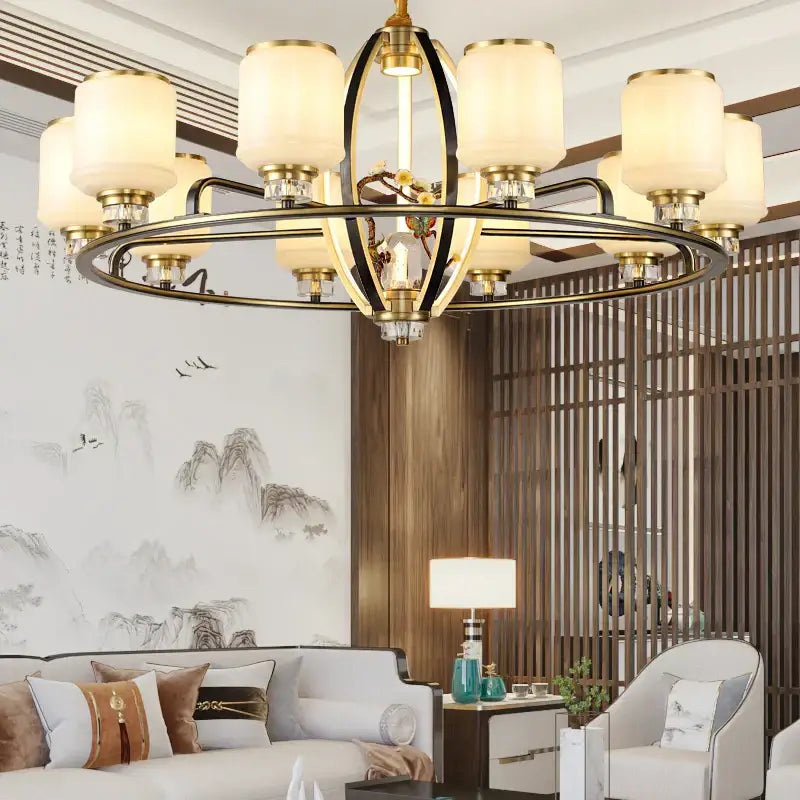 Gold-toned decorbites luxe jade chandelier with frosted glass shades and crystal accents for living room and villa hall