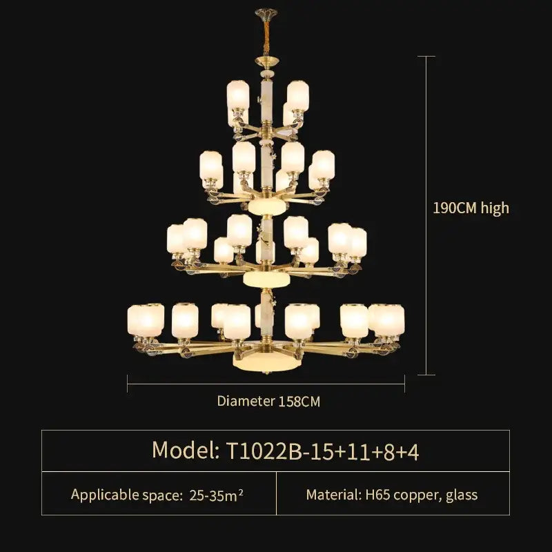 A multi-tiered decorbites luxe jade chandelier with a golden h65 copper frame and frosted glass shades measuring 190cm high