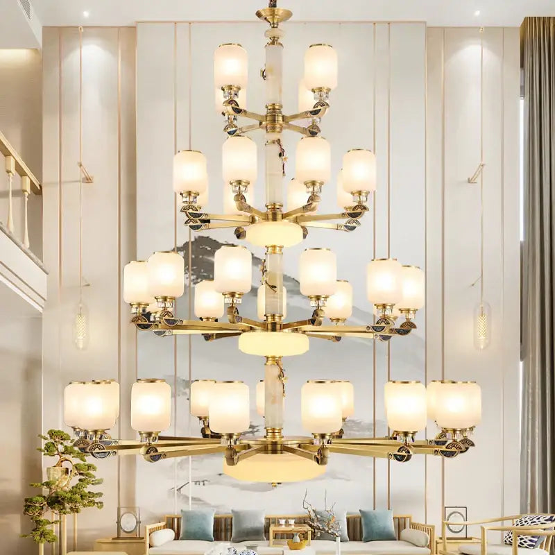 Golden decorbites luxe jade chandelier with frosted glass shades and ornate metalwork for living room villa duplex hall