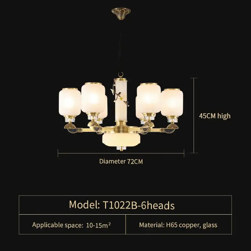 A luxurious brass decorbites luxe jade chandelier with six frosted glass shades for living room villa and duplex hall
