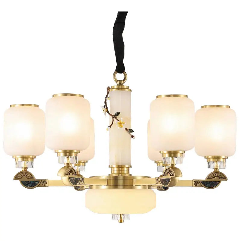 Elegant brass decorbites luxe jade chandelier with frosted glass shades and floral embellishments for living room use