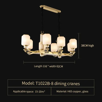 Gold-toned decorbites luxe jade chandelier with eight frosted glass shades and ornate h65 copper arms for living room