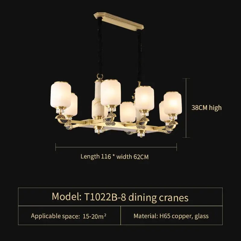 Gold-toned decorbites luxe jade chandelier with eight frosted glass shades and ornate h65 copper arms for living room