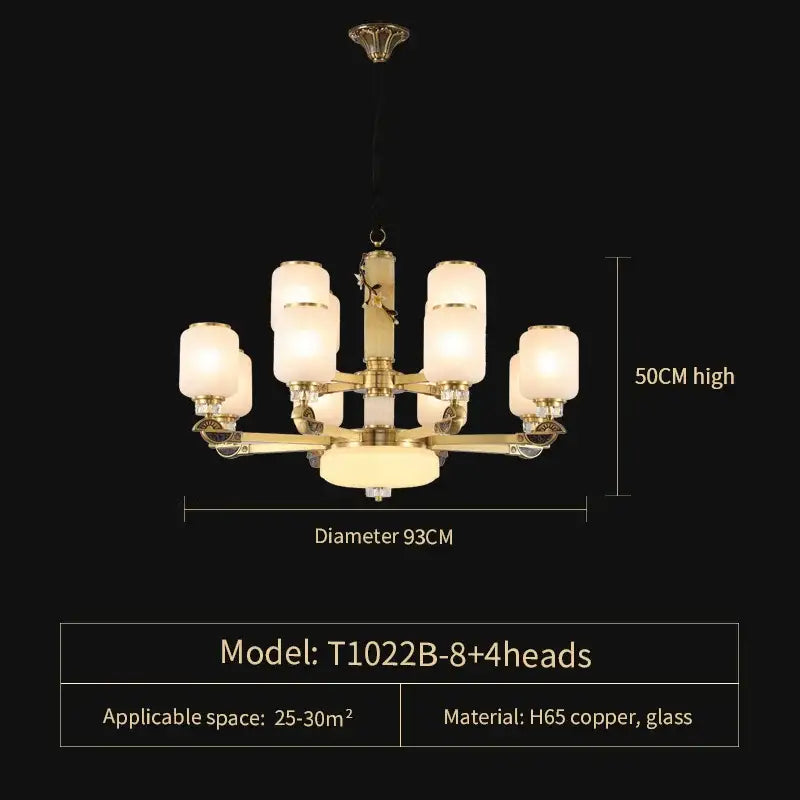Classic brass luxe jade chandelier by decorbites luxe with eight frosted glass shades for living rooms and villas