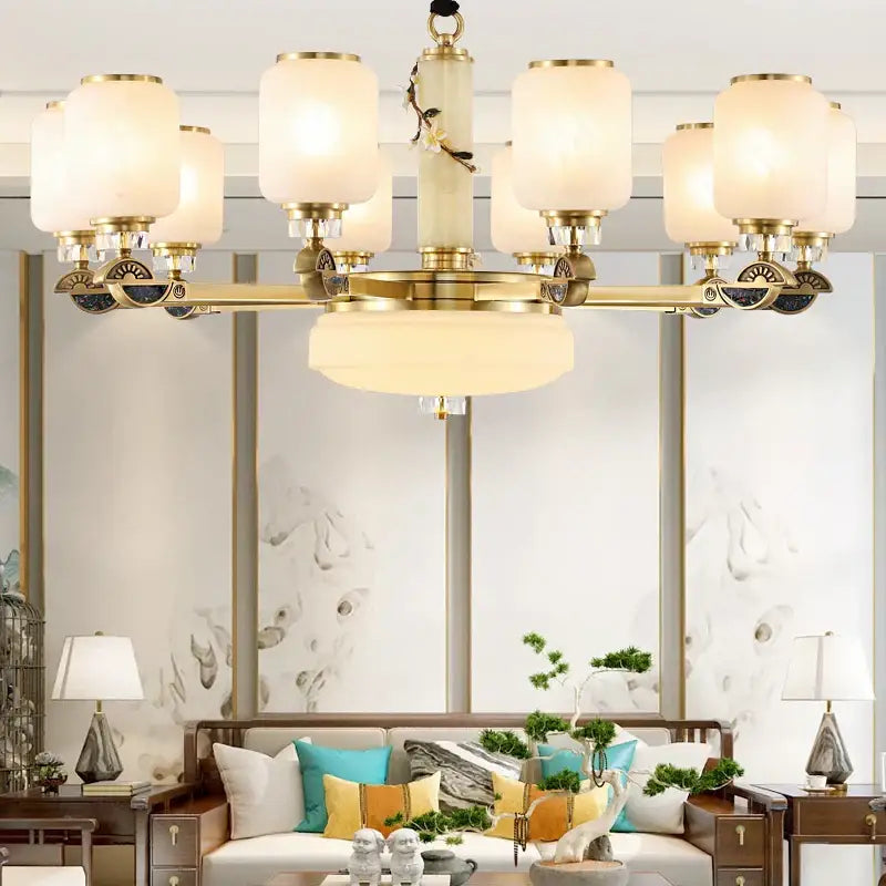 Gold-toned decorbites luxe jade chandelier with frosted glass shades and ornate detailing for living room and villa