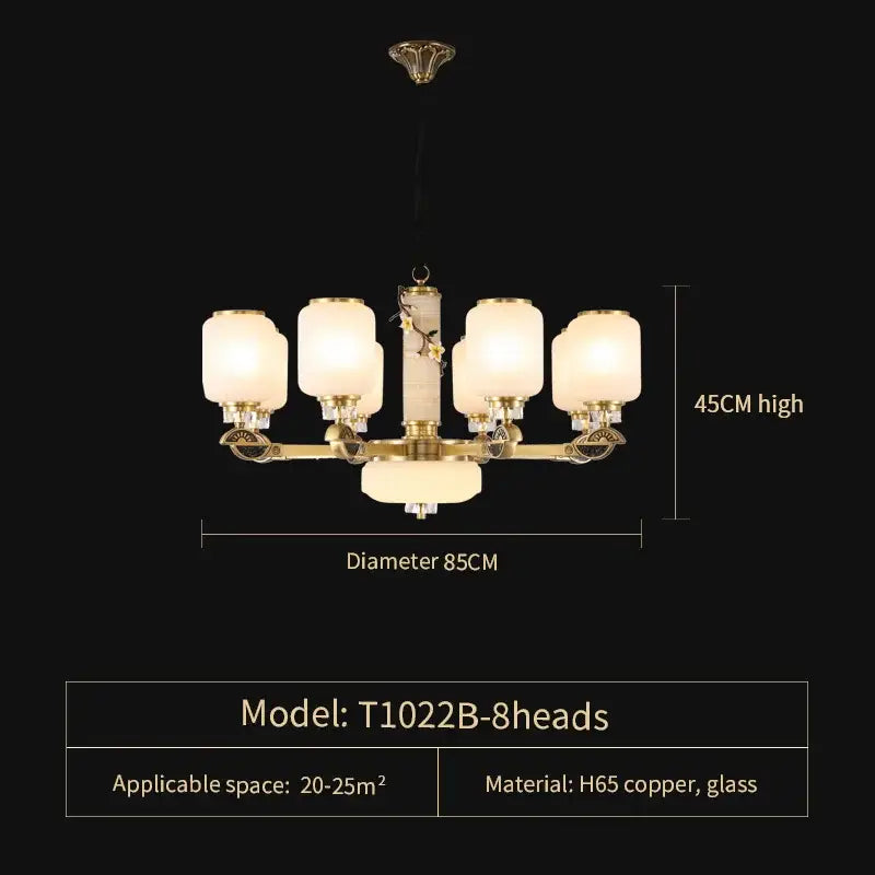 Gold-toned DecorBites Luxe Jade chandelier with eight frosted glass shades and h65 copper frame for living room elegance