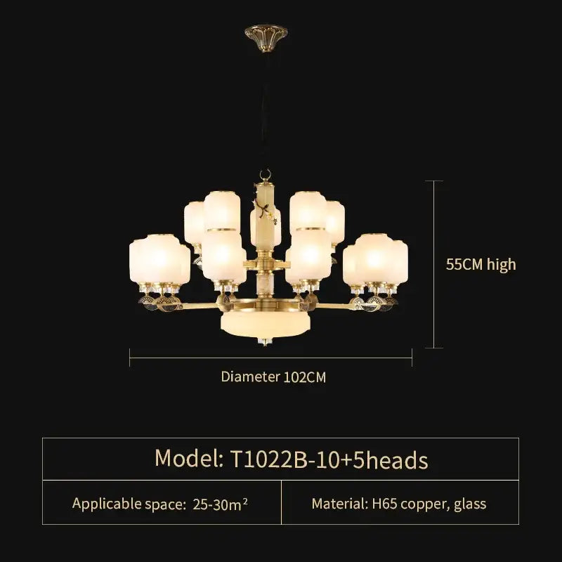A classic brass decorbites luxe jade chandelier with ten frosted glass shades for living room and villa halls