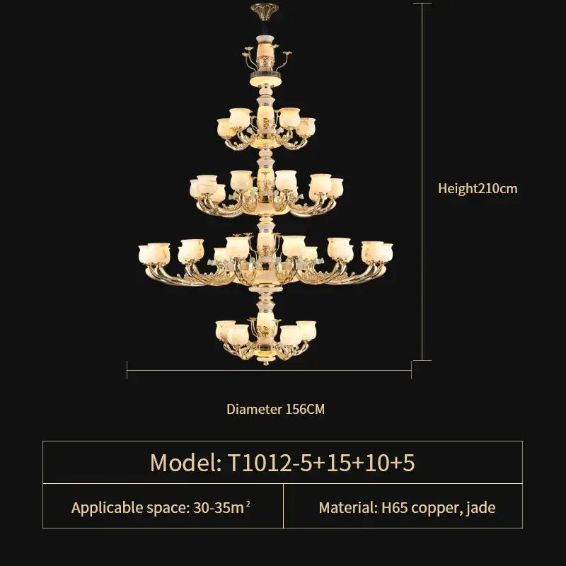 Elegant multi-tiered living room chandelier with gold-toned h65 copper jade accents and frosted glass shades by DecorBites Luxe Jade Copper