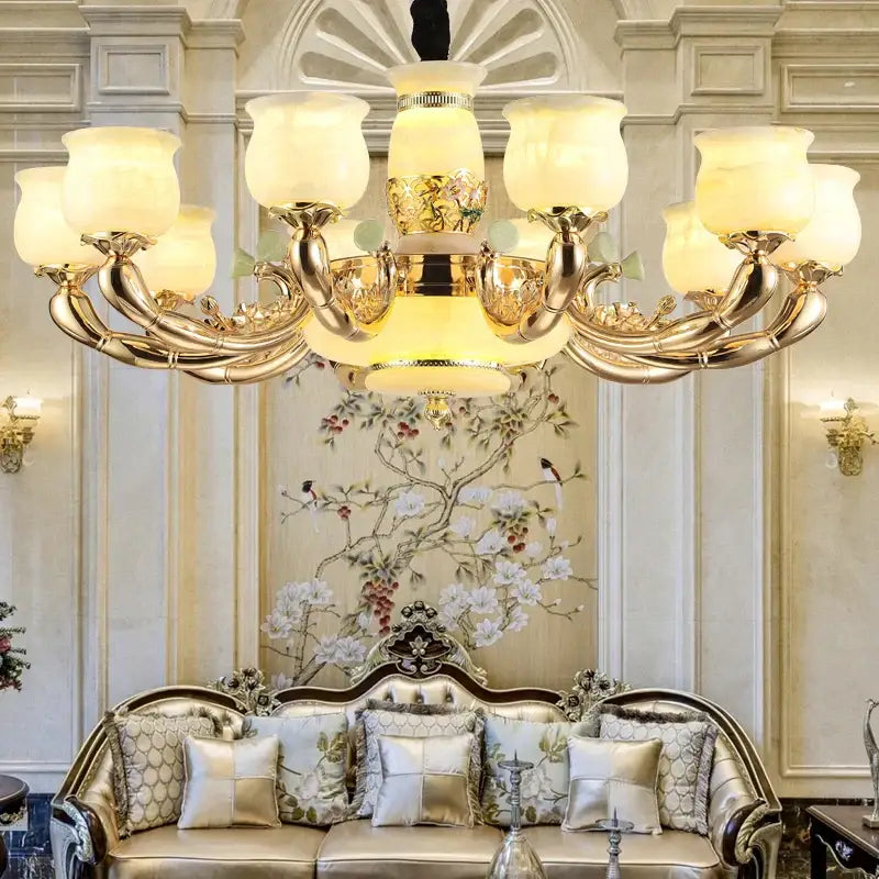 Gold-toned luxe jade copper living room chandelier by DecorBites featuring frosted glass shades and ornate metalwork