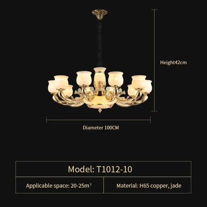 Gold-toned DecorBites Luxe Jade copper living room chandelier with eight frosted glass shades and ornate detailing h65