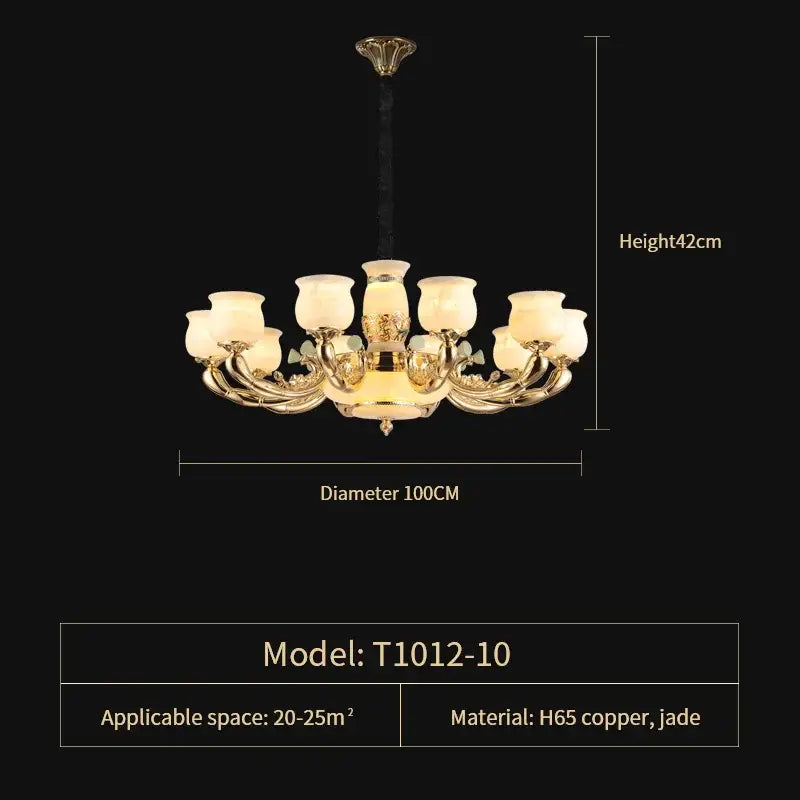 Gold-toned DecorBites Luxe Jade copper living room chandelier with eight frosted glass shades and ornate detailing h65