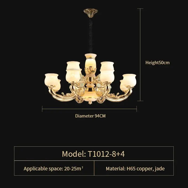 Gold-toned DecorBites Luxe Jade copper living room chandelier with eight frosted glass shades and jade accents model t1012-8+4