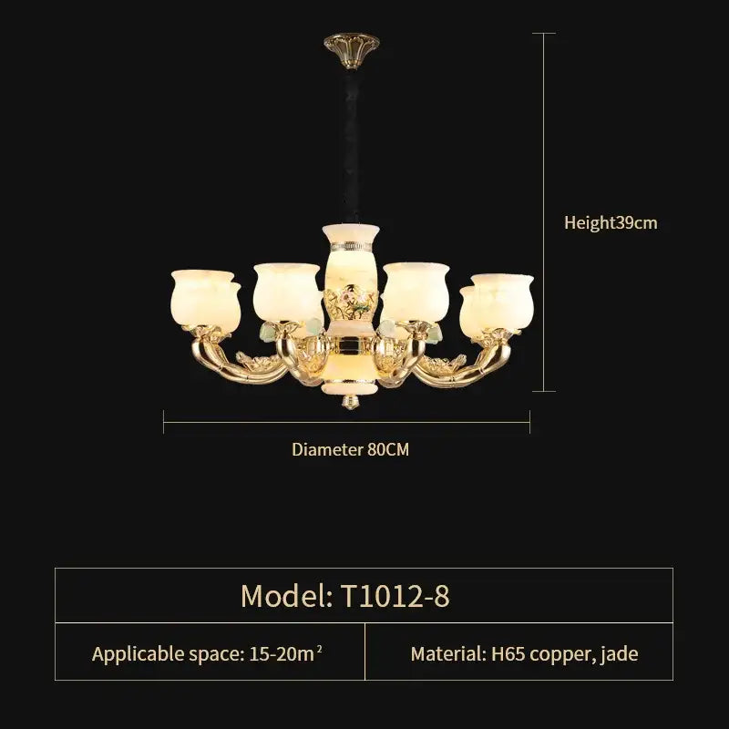 Gold-toned decorbites luxe jade copper living room chandelier with five frosted glass shades and jade accents model t1012-8