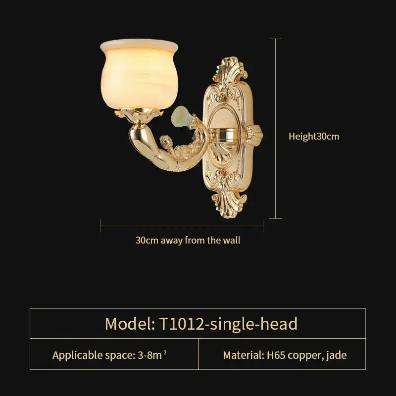 Gold-toned ornate wall sconce with frosted glass shade and jade accent from DecorBites luxe jade copper living room collection