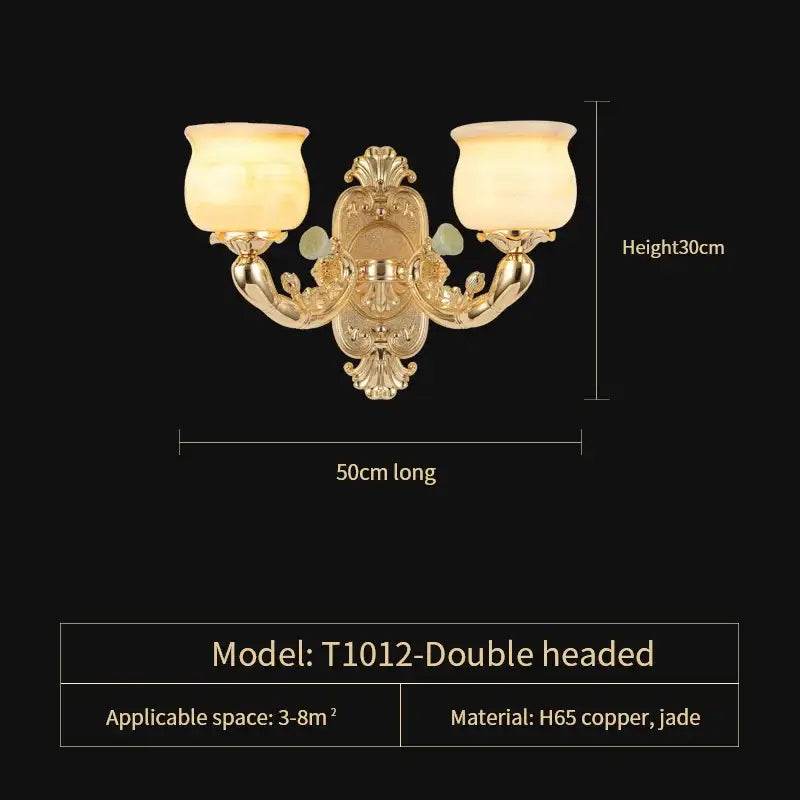 Gold-toned ornate double-headed wall sconce with frosted glass shades and jade accents in decorbites luxe jade copper living room style