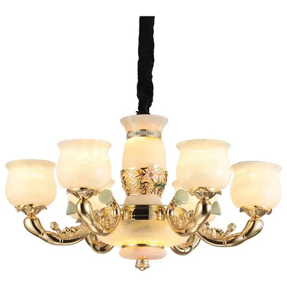 Gold-toned decorbites luxe jade copper living room chandelier with six frosted glass shades and leaf-inspired metal arms
