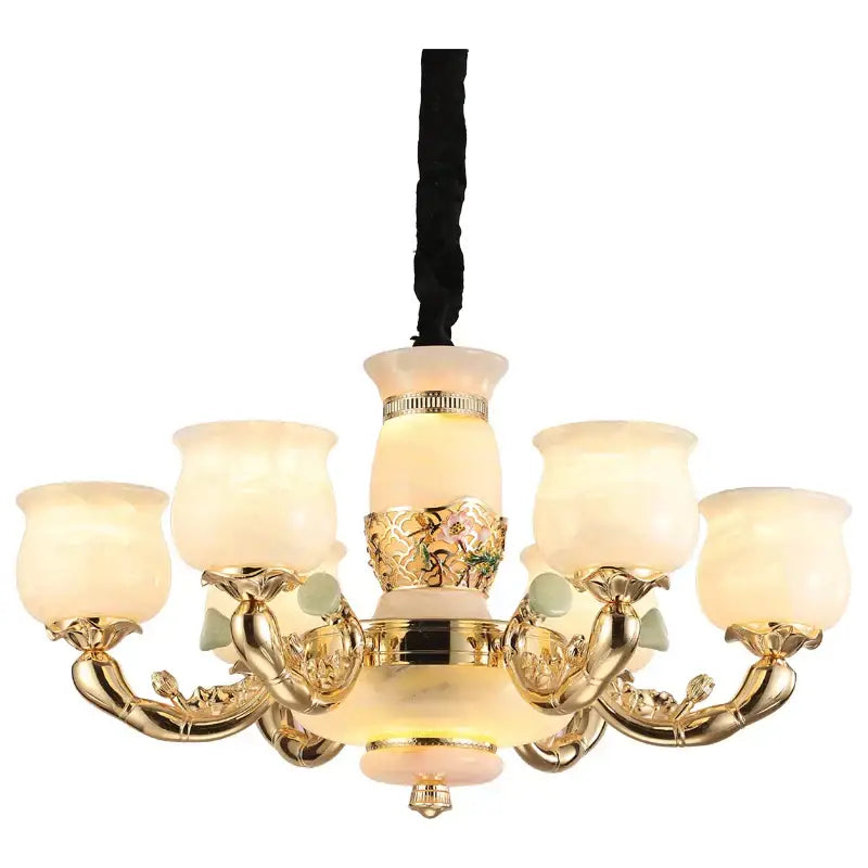 Gold-toned decorbites luxe jade copper living room chandelier with six frosted glass shades and leaf-inspired metal arms