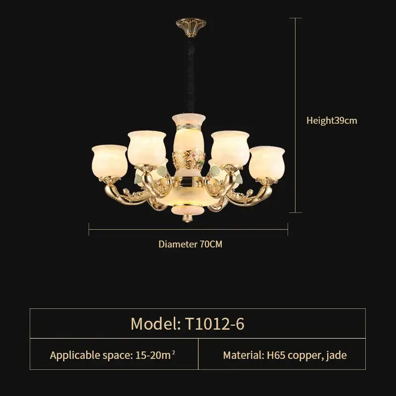 Gold-toned decorbites luxe jade copper living room chandelier with six frosted glass shades and jade accents model t1012-6