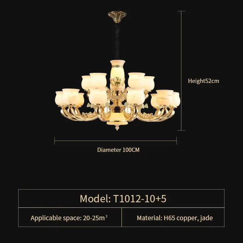 Golden ornate decorbites luxe jade copper living room chandelier with ten frosted glass shades and jade accents model t1012-10+5