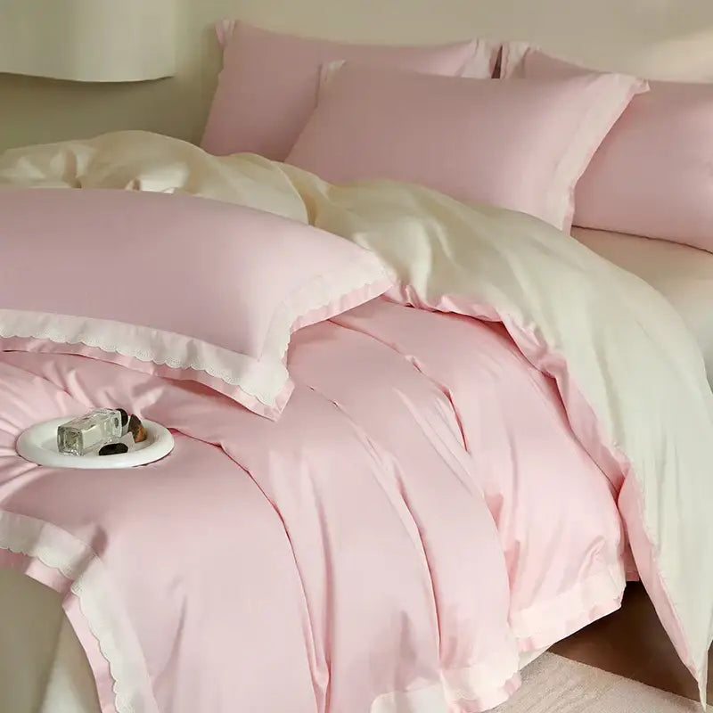 Pink satin duvet cover bedding set with scalloped edges and matching pillowcases from decorbites luxe lace collection