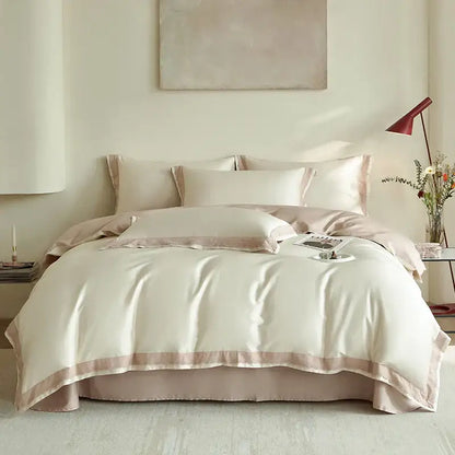 Cream-colored satin duvet cover with soft blush pink trim from decorbites luxe lace bedding set in 1000TC cotton