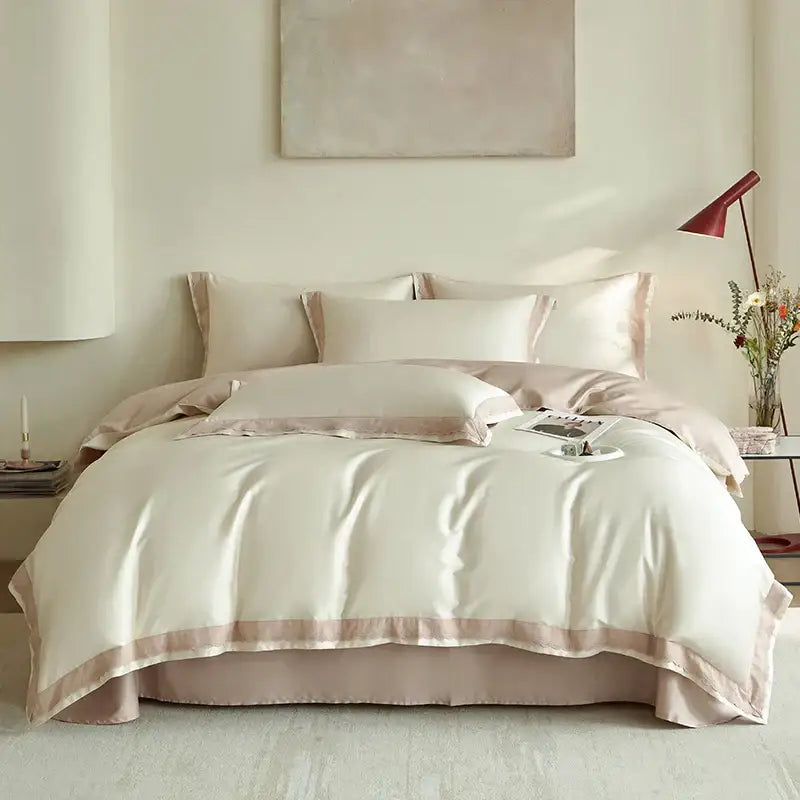 Cream-colored satin duvet cover with soft blush pink trim from decorbites luxe lace bedding set in 1000TC cotton