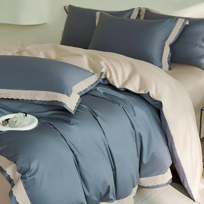 Blue satin duvet cover with cream lace trim and pillowcases in decorbites luxe lace bedding set 1000TC cotton