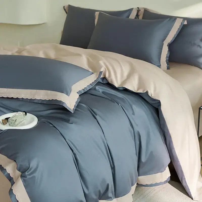 Blue satin duvet cover with cream lace trim and pillowcases in decorbites luxe lace bedding set 1000TC cotton