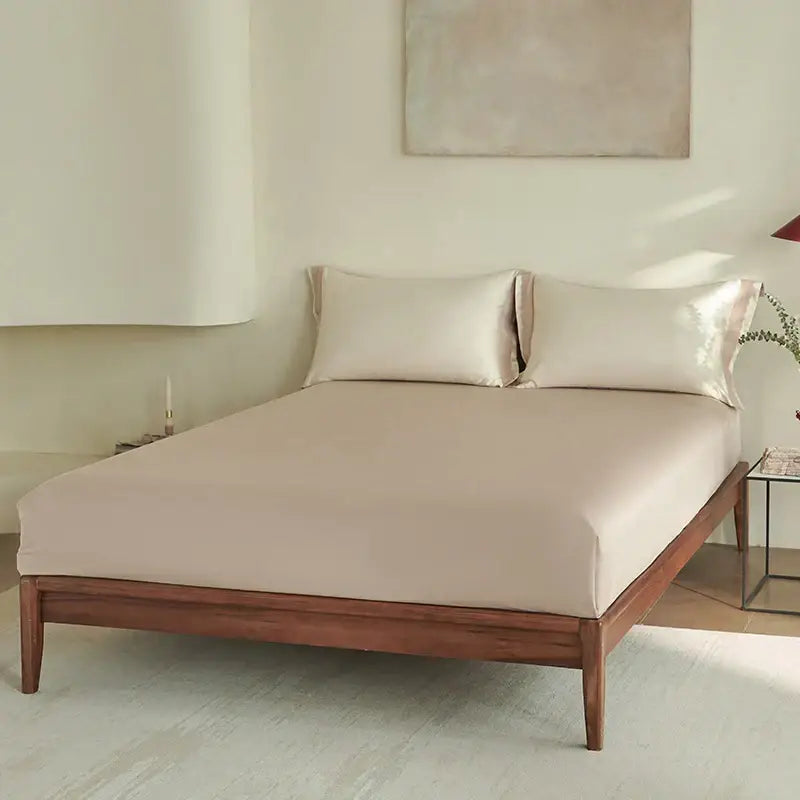 Beige satin decorbites luxe lace bedding set with matching pillowcases on wooden frame made from 1000tc egyptian cotton