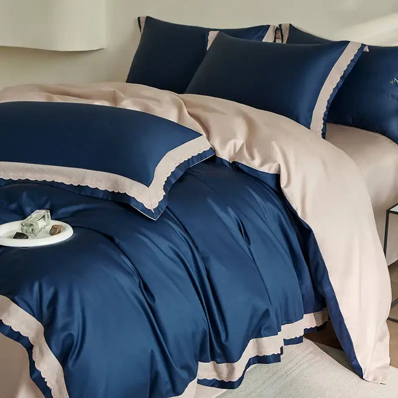 Luxurious navy blue and beige satin decorbites luxe lace bedding set with scalloped lace trim in 1000TC Egyptian cotton